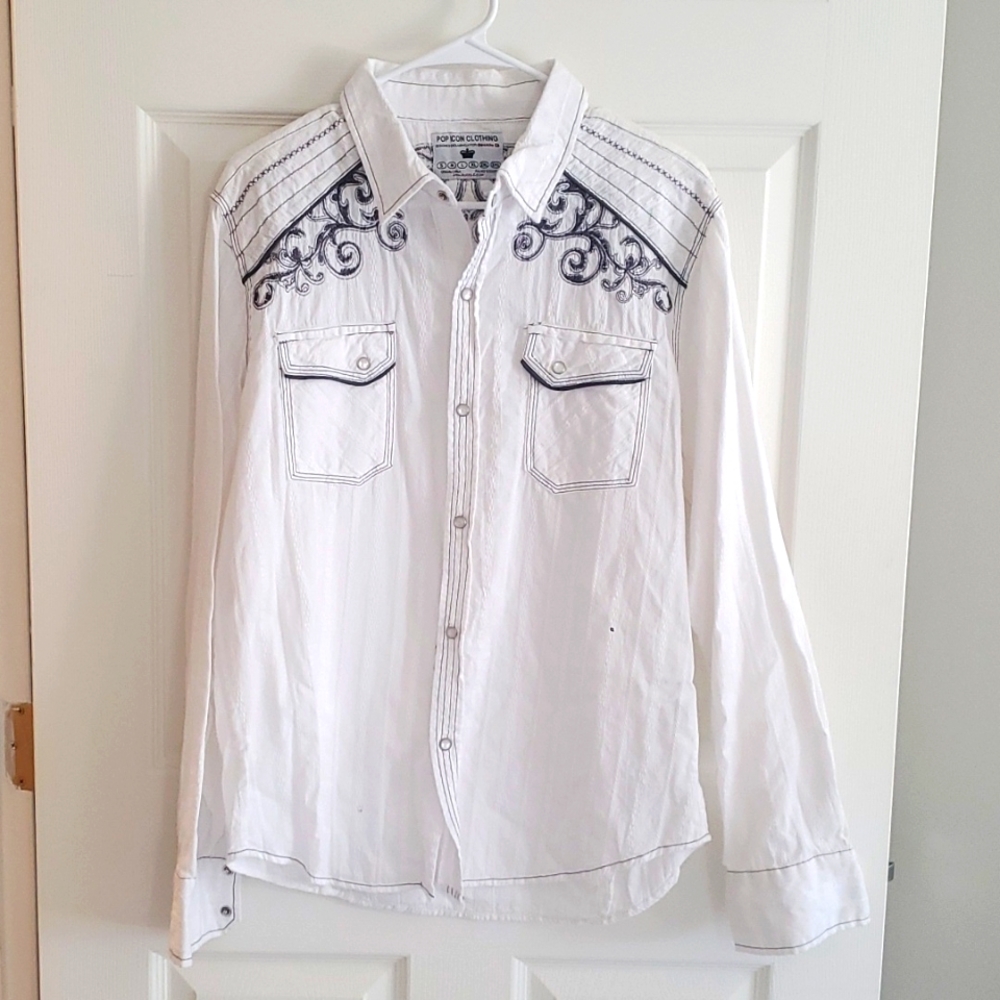 Pop Icon Buckle Brand White Button up Snap Mens Shirt Size L